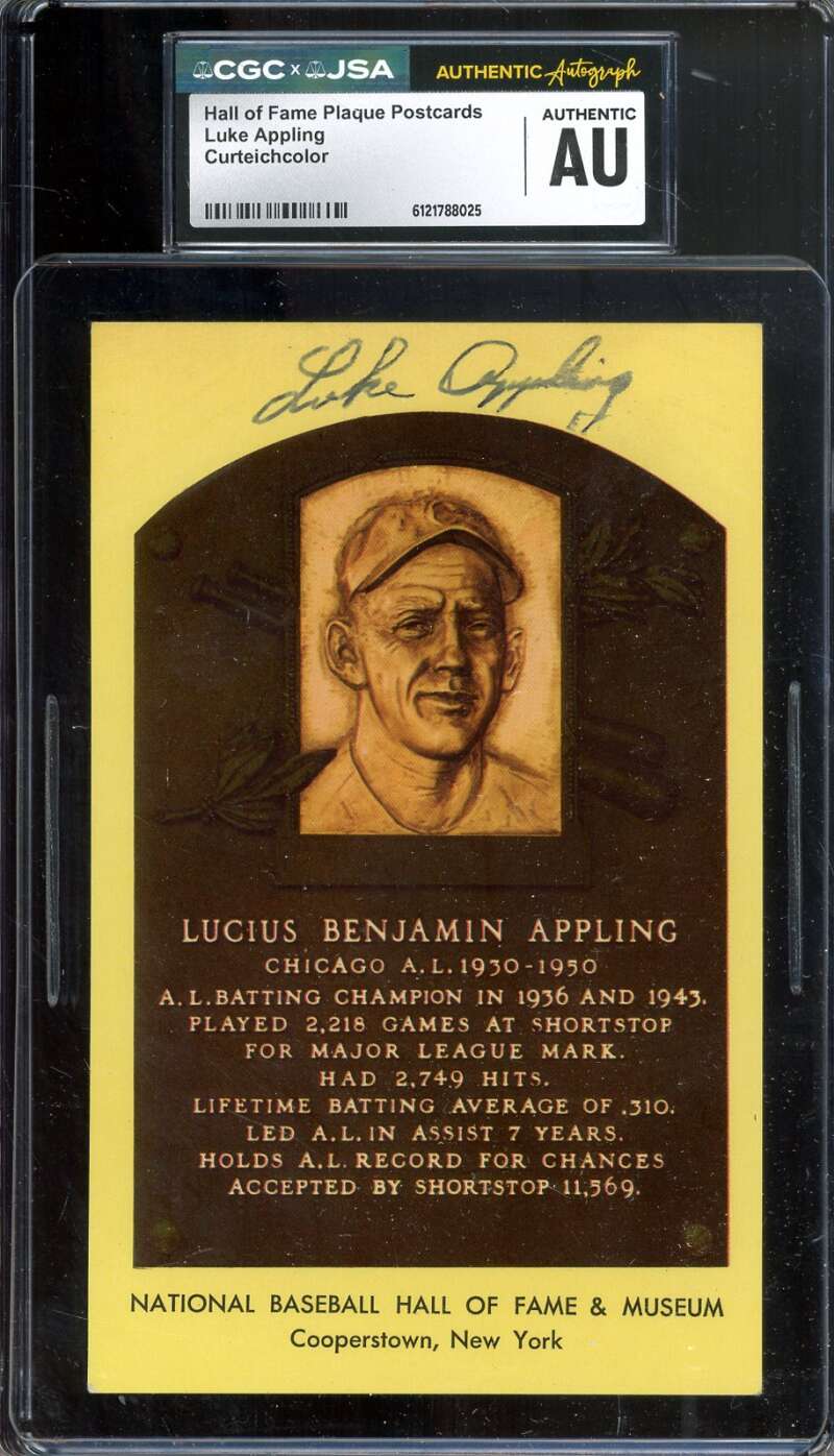 Luke Appling CGC JSA   Signed Gold Hall of Fame Plaque Postcard Autograph