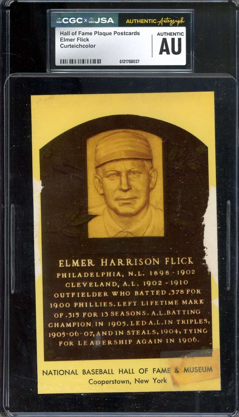 Elmer Flick CGC JSA   Signed Gold Hall of Fame Plaque Postcard Autograph