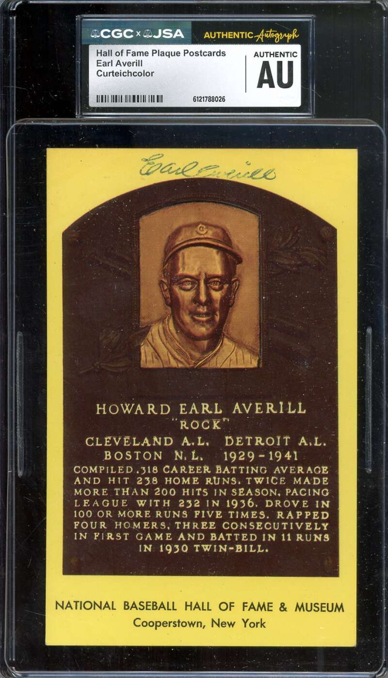 Earl Averill CGC JSA   Signed Gold Hall of Fame Plaque Postcard Autograph