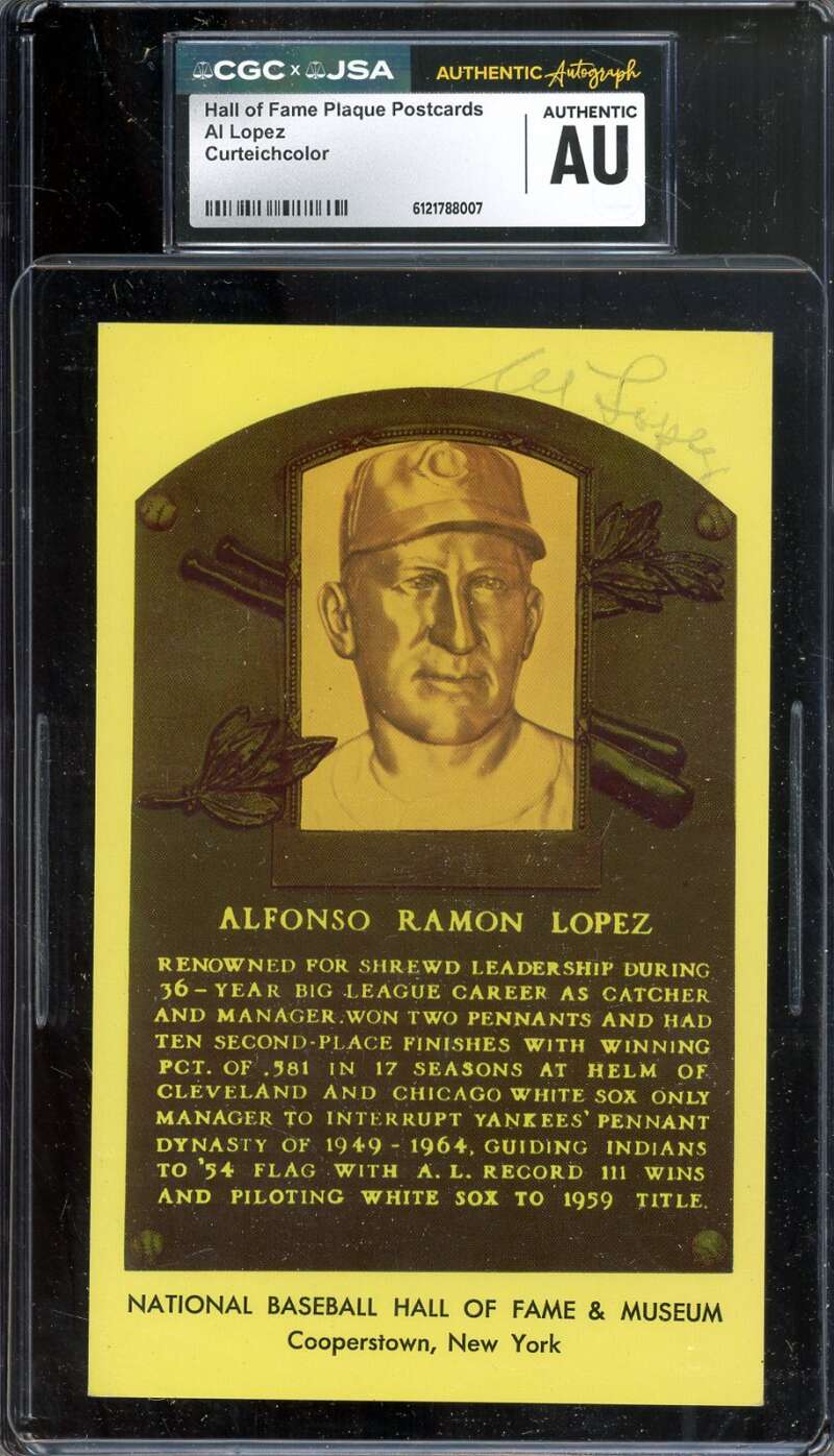 Al Lopez CGC JSA   Signed Gold Hall of Fame Plaque Postcard Autograph