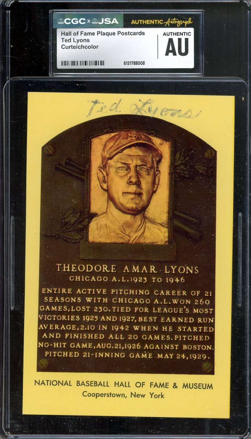 Ted Lyons CGC JSA   Signed Gold Hall of Fame Plaque Postcard Autograph