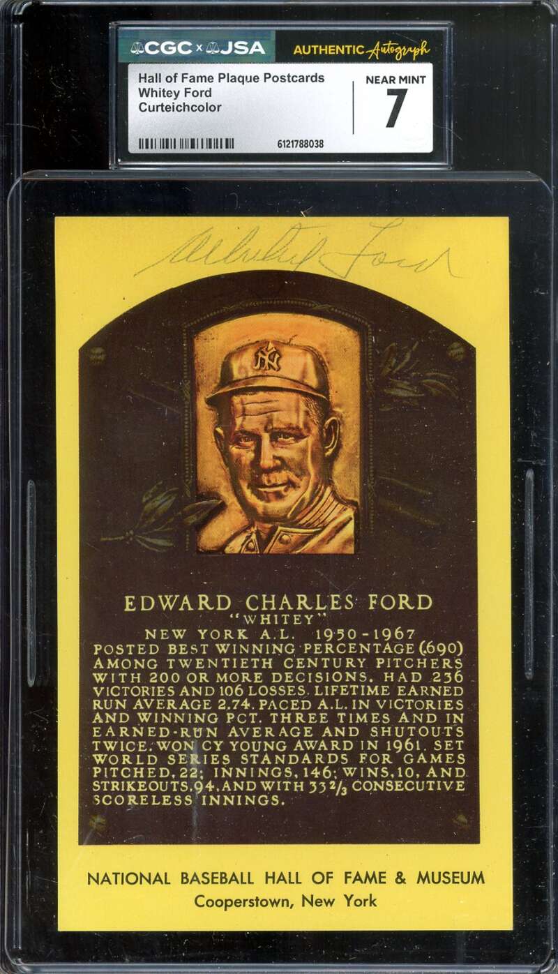 Whitey Ford CGC JSA   Signed Gold Hall of Fame Plaque Postcard Autograph