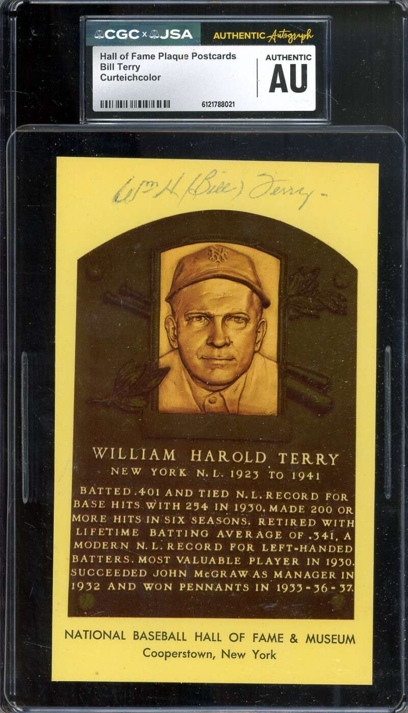 Bill Terry CGC JSA   Signed Gold Hall of Fame Plaque Postcard Autograph