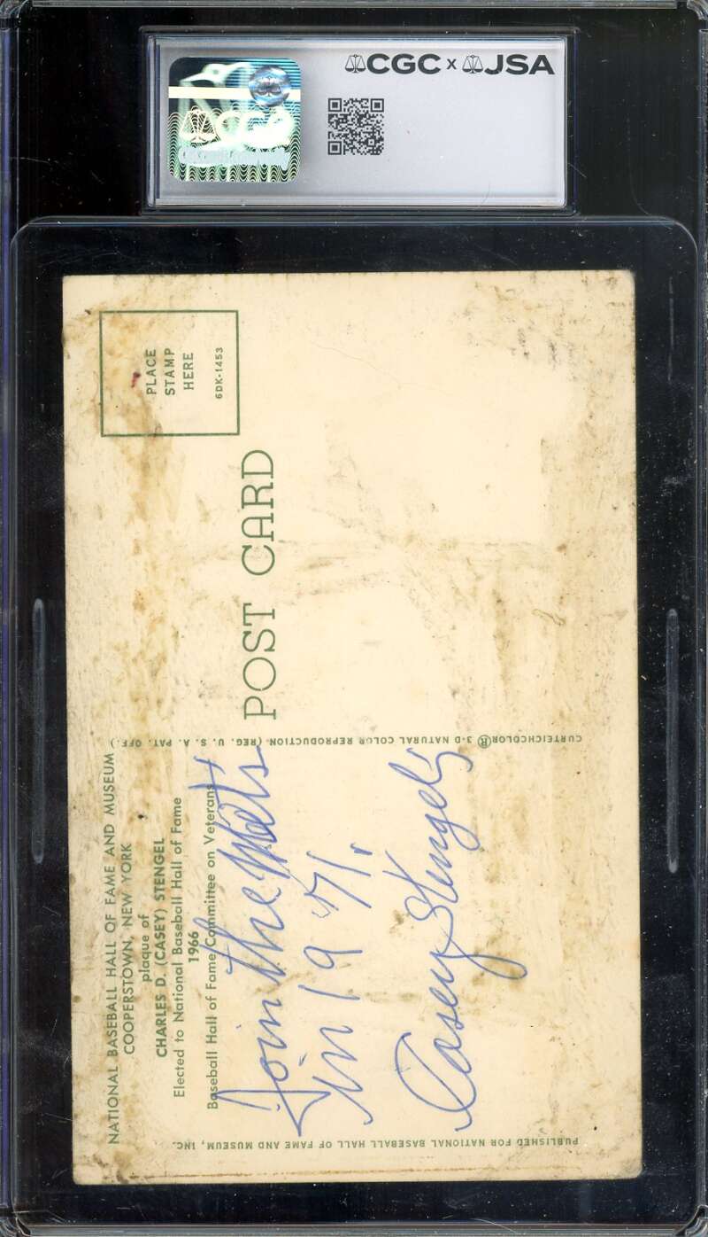 Casey Stengel CGC JSA   Signed 2x Gold Hall of Fame Plaque Postcard Autograph