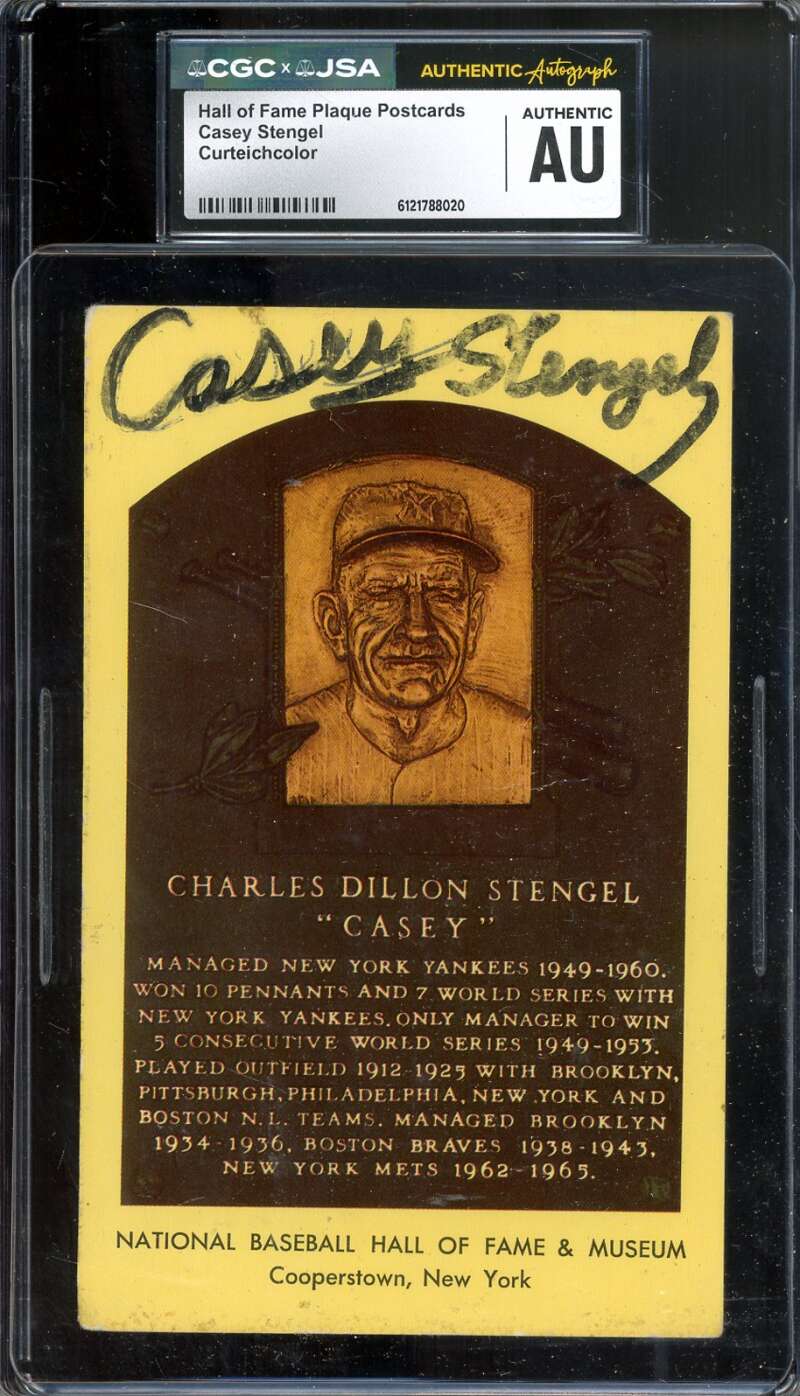 Casey Stengel CGC JSA   Signed 2x Gold Hall of Fame Plaque Postcard Autograph
