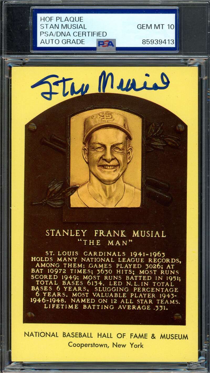 Stan Musial Gem Mint 10 PSA DNA Signed Gold Hall of Fame Plaque Postcard Autograph