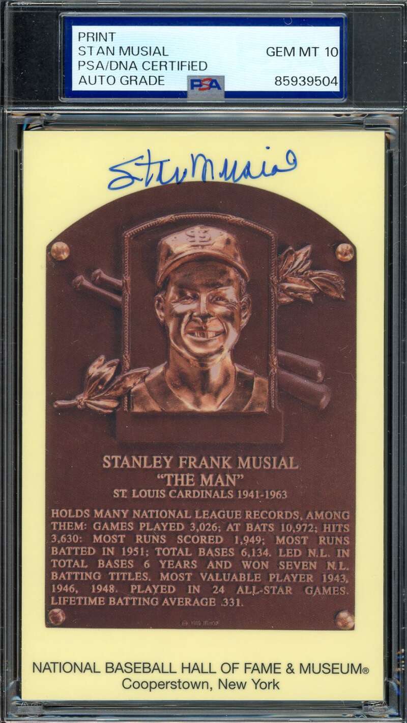 Stan Musial Gem Mint 10 PSA DNA Signed Gold Hall of Fame Plaque Postcard Autographed