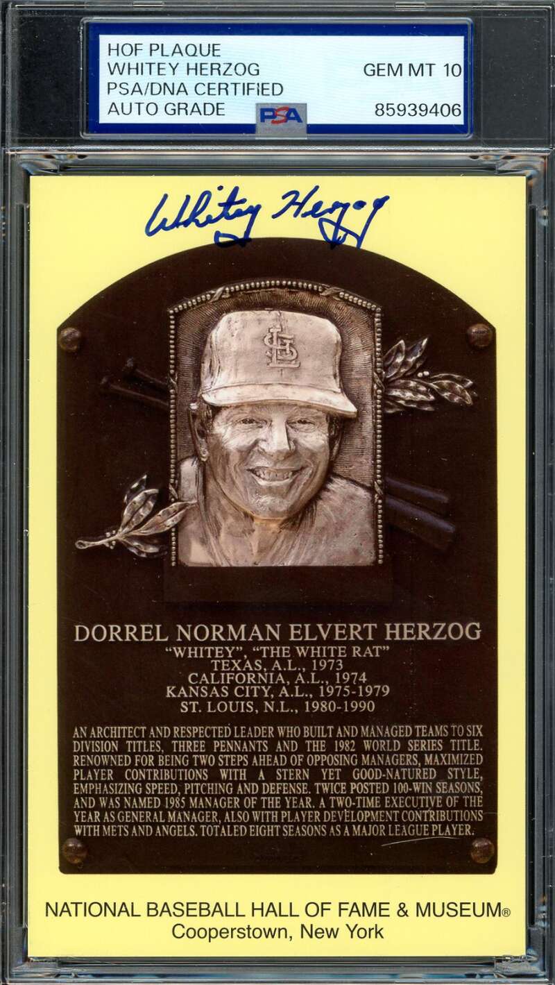 Whitey Herzog Gem Mint 10 PSA DNA Signed Gold Hall of Fame Plaque Postcard Autograph