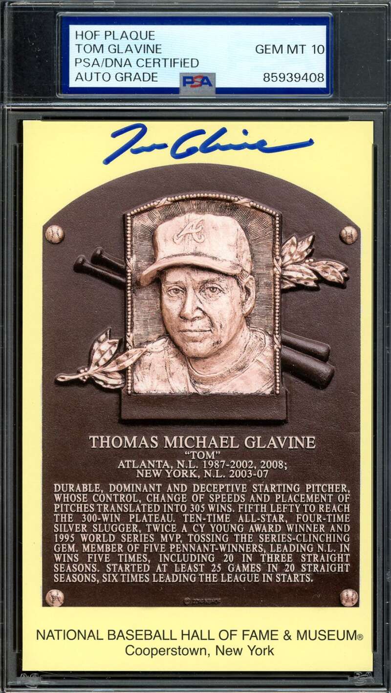 Tom Glavine Gem Mint 10 PSA DNA Signed Gold Hall of Fame Plaque Postcard Autograph