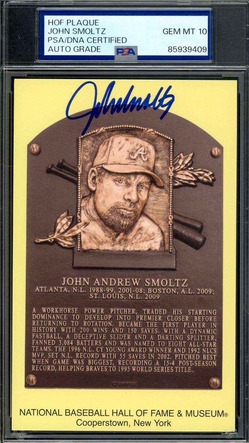 John Smoltz Gem Mint 10 PSA DNA Signed Gold Hall of Fame Plaque Postcard Autograph