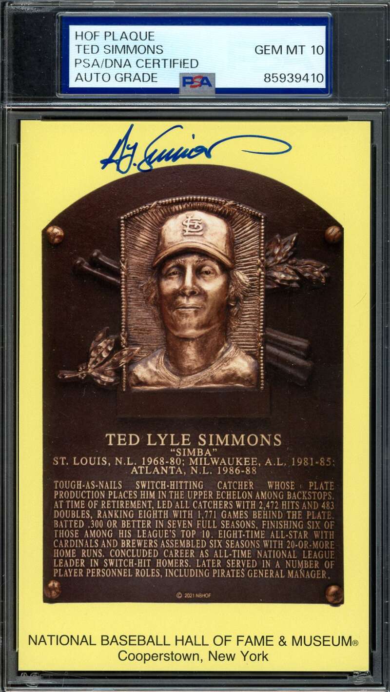 Ted Simmons Gem Mint 10 PSA DNA Signed Gold Hall of Fame Plaque Postcard Autograph