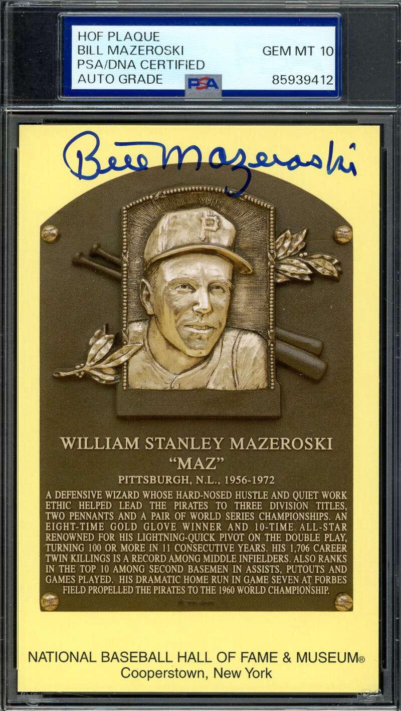 Bill Mazeroski Gem Mint 10 PSA DNA Signed Gold Hall of Fame Plaque Postcard Autograph