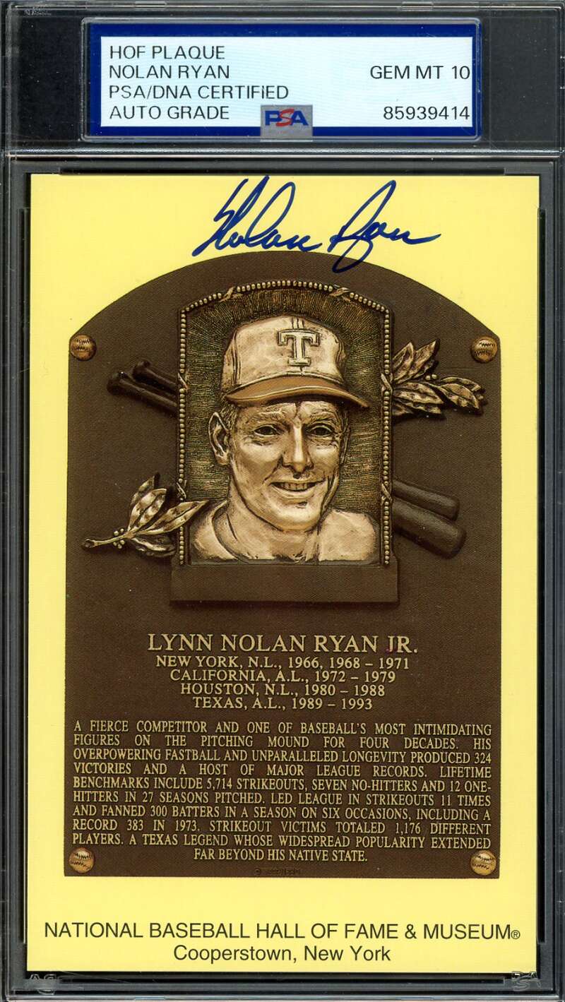 Nolan Ryan Gem Mint 10 PSA DNA Signed Gold Hall of Fame Plaque Postcard Autograph
