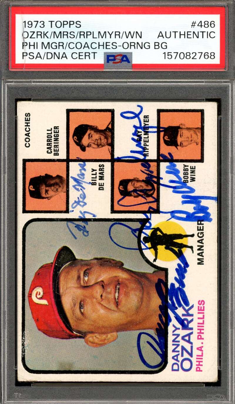 Ozark Wine DeMars PSA DNA Signed by 4 1973 Topps Managers Autograph