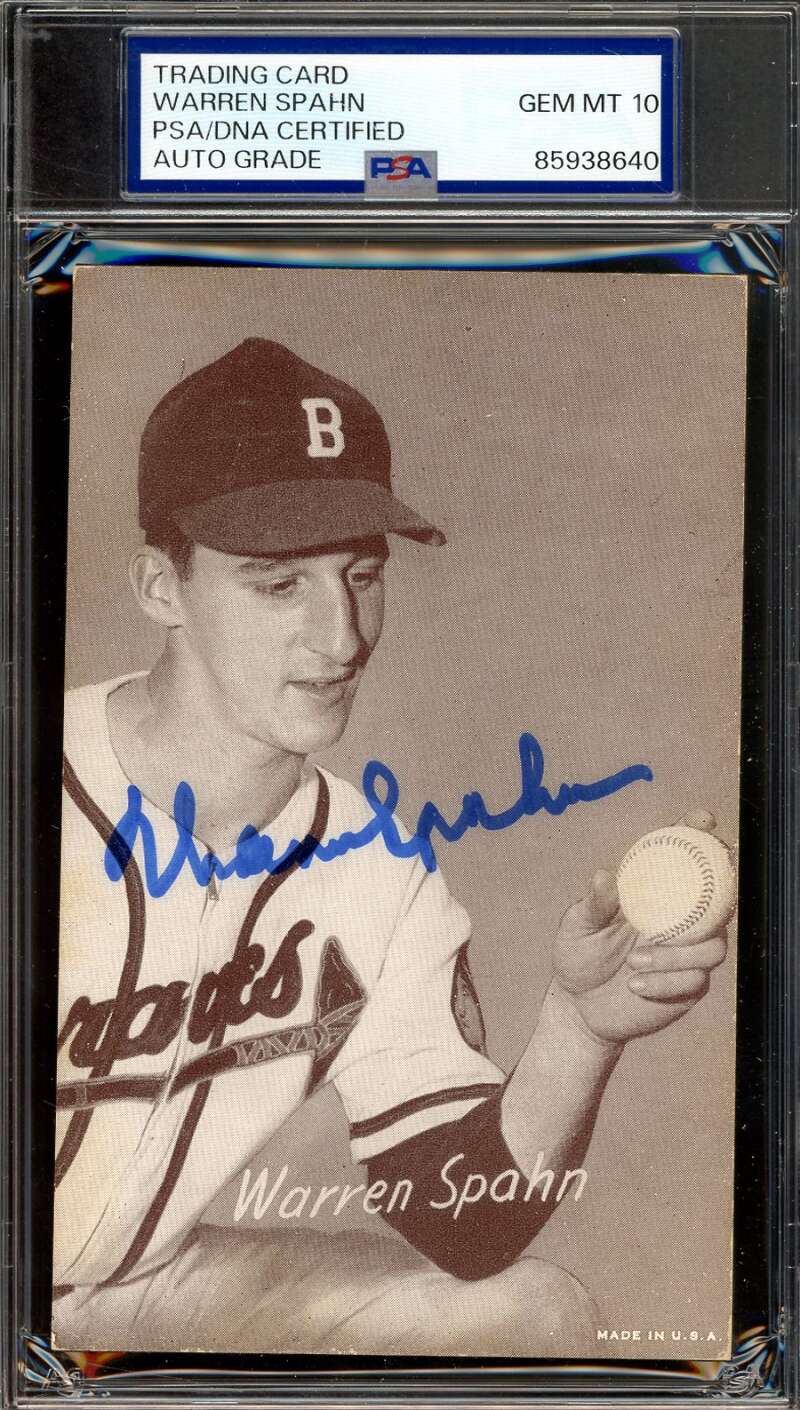 Warren Spahn Gem Mint 10 PSA DNA Signed 1947-66 Exhibit Rookie Autograph