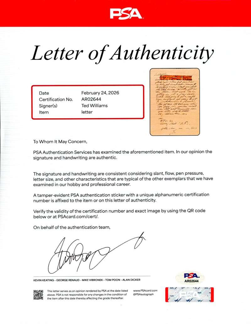 Ted Williams PSA DNA Loa Signed 1952 Letter To Mistress Autograph