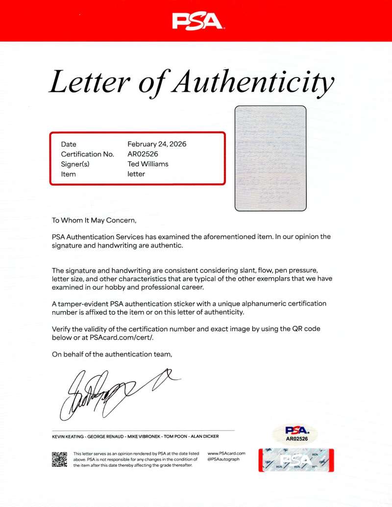 Ted Williams PSA DNA Loa Signed 1952 Letter To Mistress Autographed
