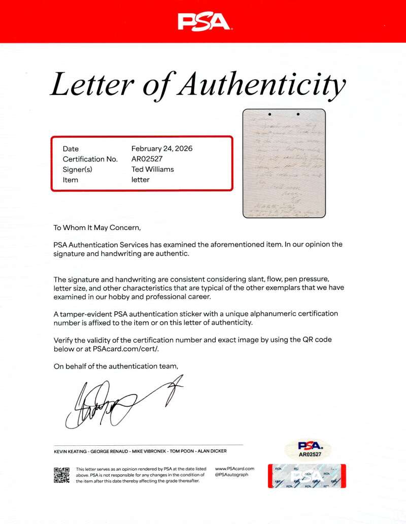 Ted Williams PSA DNA Loa Autograph 1952 Letter To Mistress Signed
