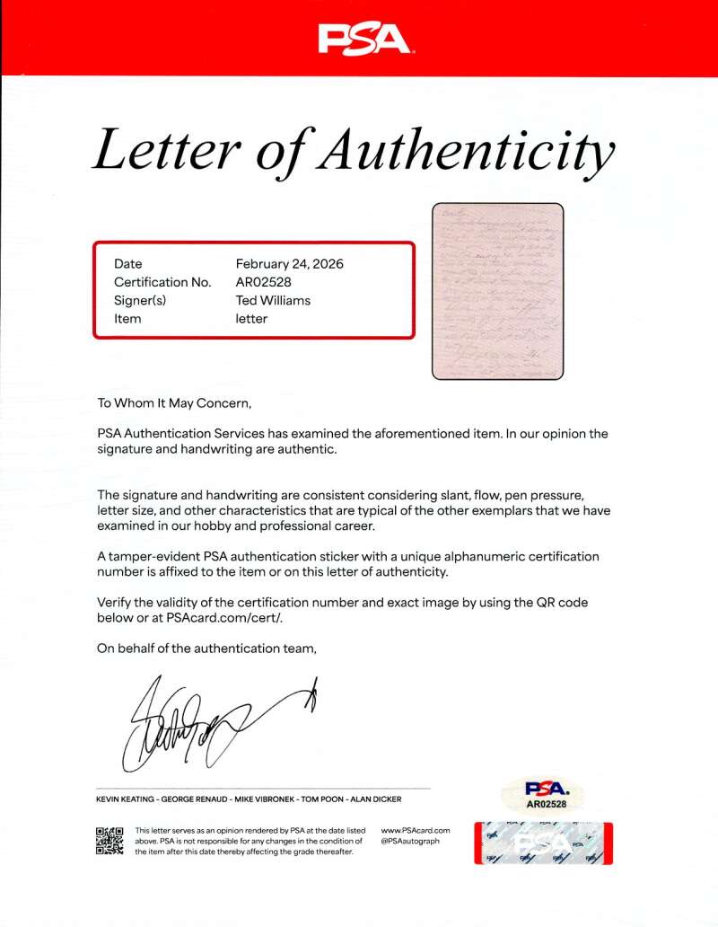 Ted Williams PSA DNA Loa Autograph Letter To Mistress Autograph