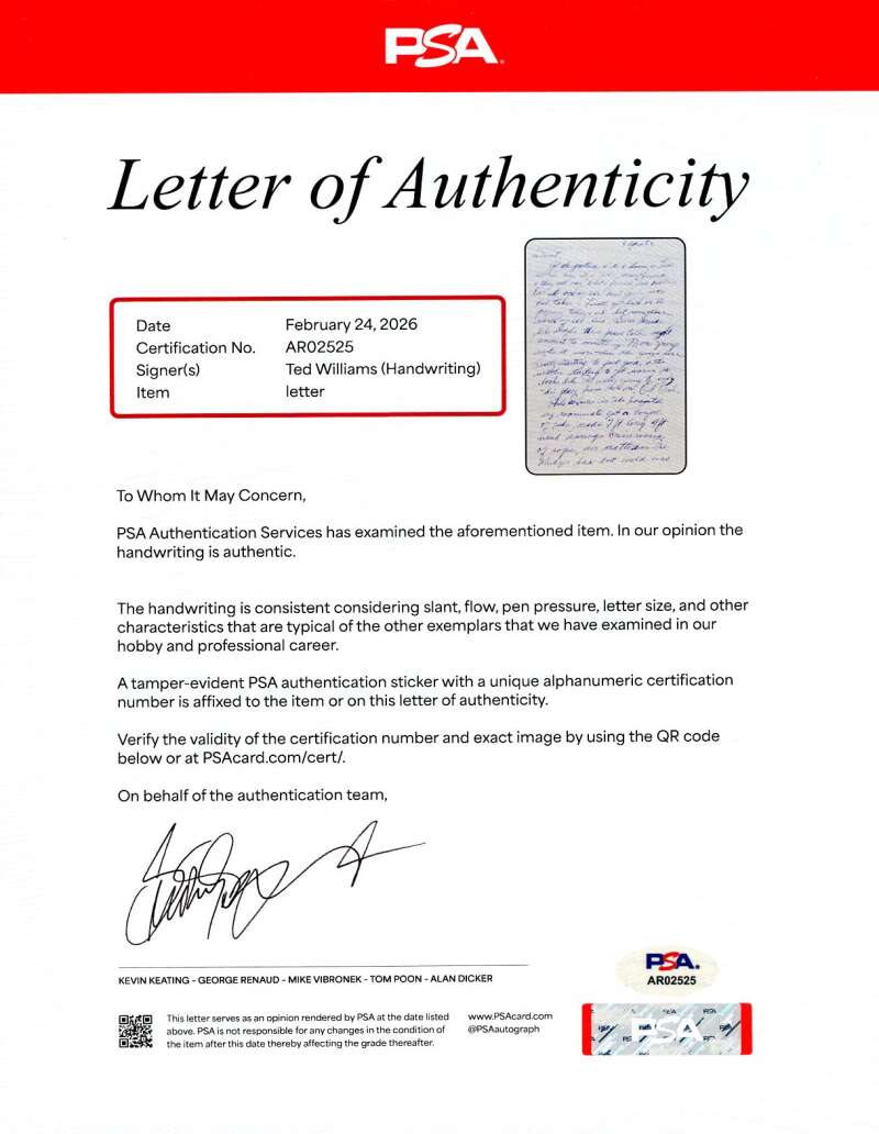 Ted Williams PSA DNA Loa Autographed 1952 Letter To Mistress Autograph