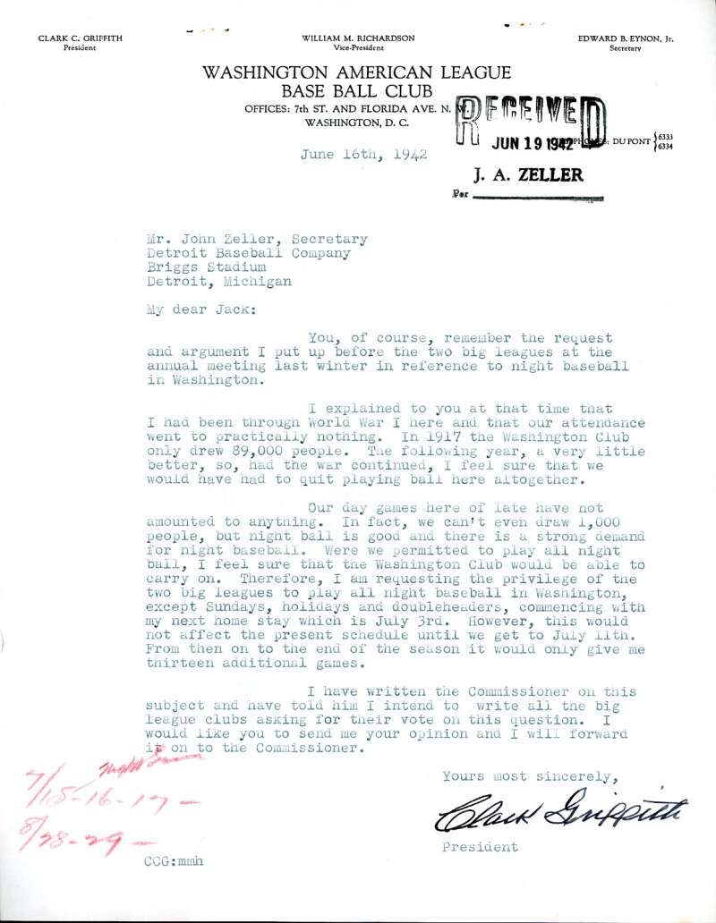 Clark Griffith JSA Coa Signed 1942 Night Game Letter Autograph