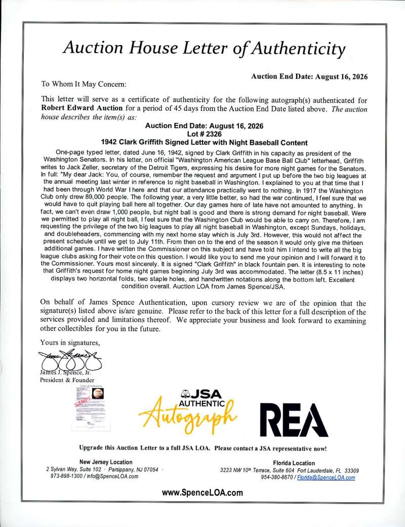 Clark Griffith JSA Coa Signed 1942 Night Game Letter Autograph