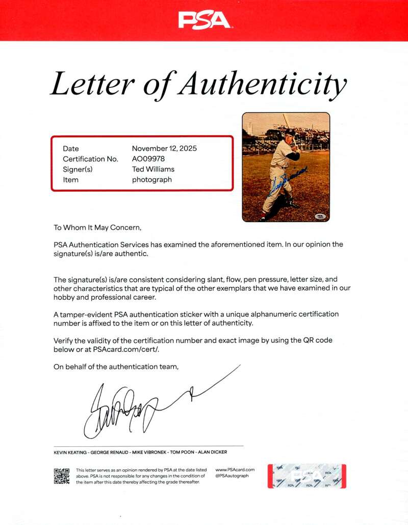 Ted Williams PSA DNA Loa Signed 8x10 Photo Autograph Red Sox
