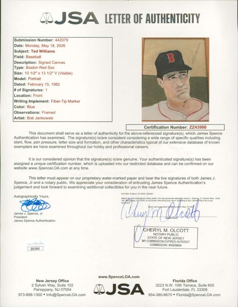 Ted Williams JSA Loa Signed 12X16 Original Art Painting  Autograph