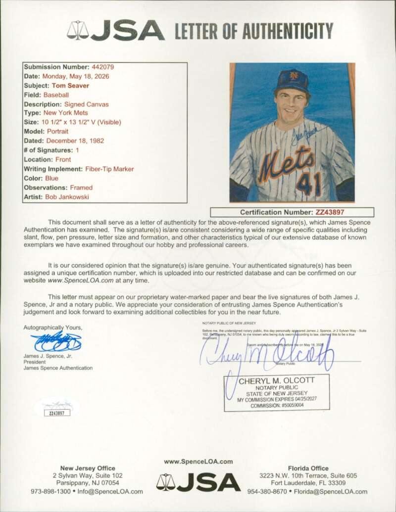 Tom Seaver JSA Loa Signed 12X16 Original Art Painting  Autographed