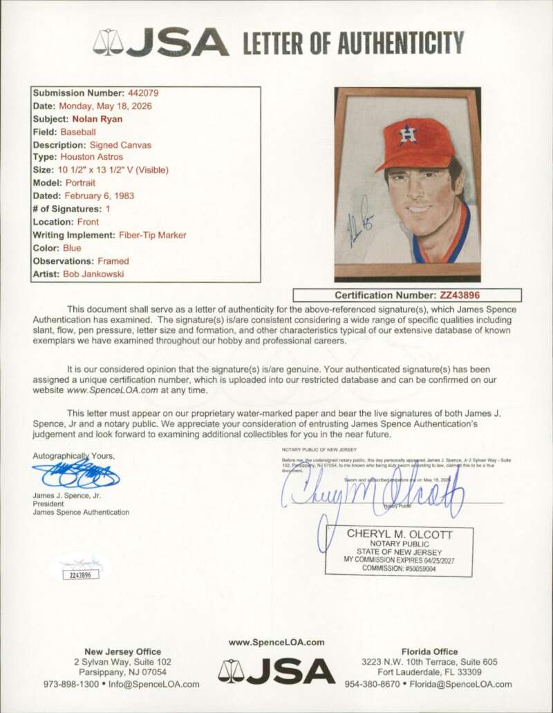 Nolan Ryan JSA Loa Signed 12X16 Original Art Painting  Autograph