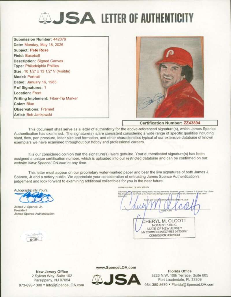 Pete Rose JSA Loa Signed 12X16 Original Art Painting  Autographed