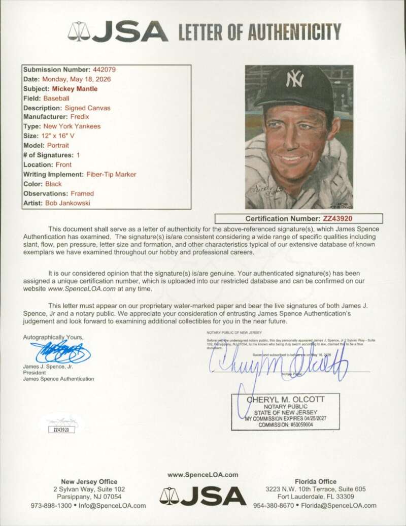 Mickey Mantle JSA Loa Signed 12X16 Original Art Painting  Autograph