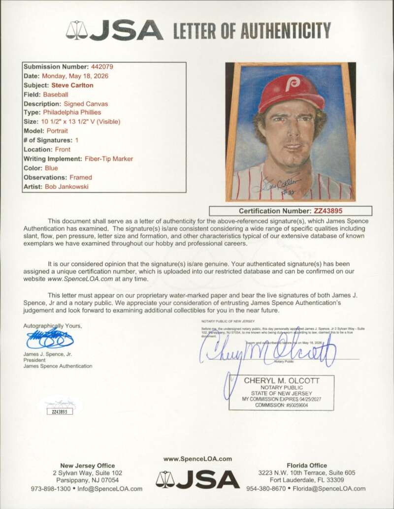 steve Carlton JSA Loa Signed 12X16 Original Art Painting  Autograph