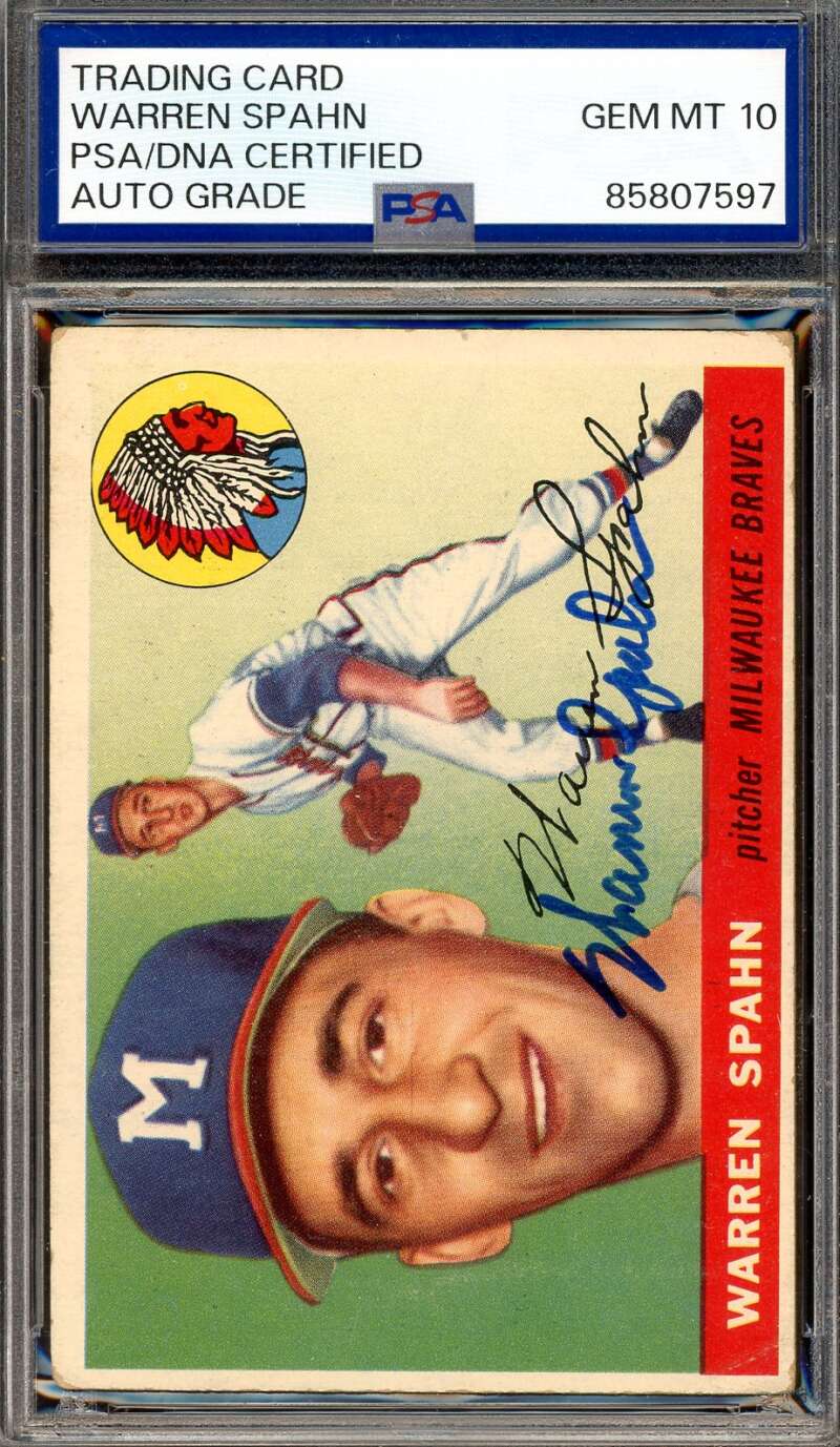 Warren Spahn Gem Mint 10 PSA DNA Signed 1955 Topps Autograph