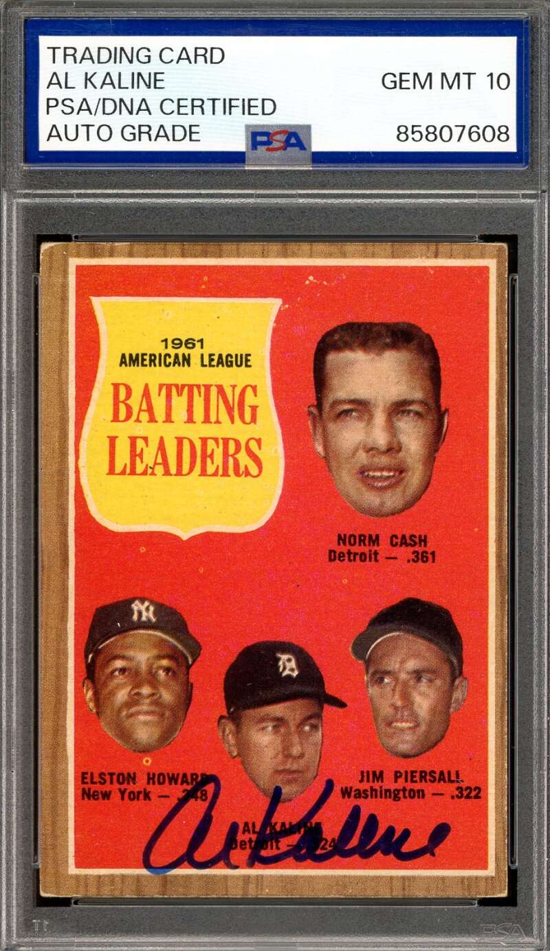 Al Kaline Gem Mint 10 PSA DNA Signed 1962 Topps 1961 Leaders Autograph