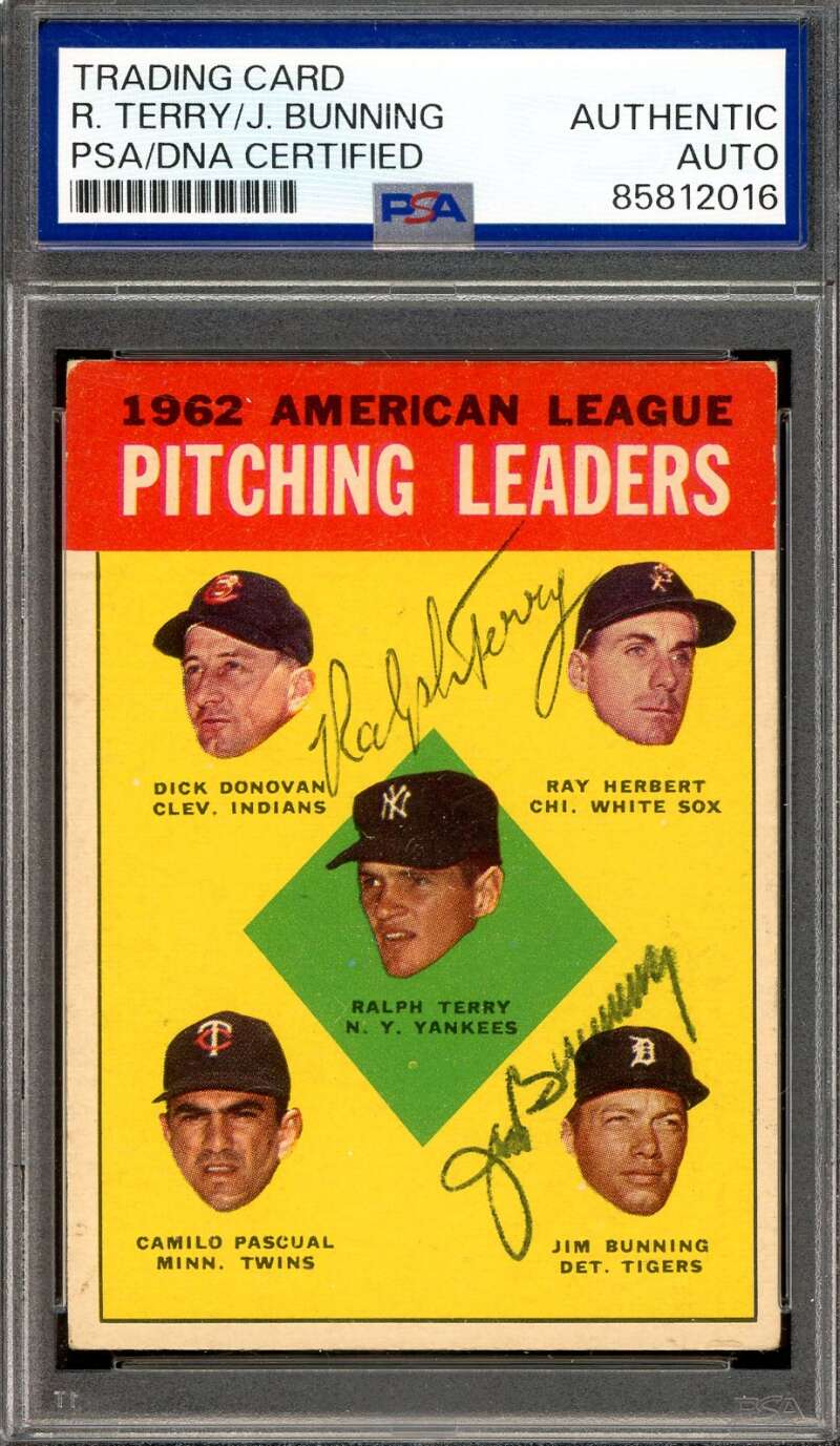 Ralph Terry Jim Bunning PSA DNA Signed 1963 Topps 1962 Leaders Autograph