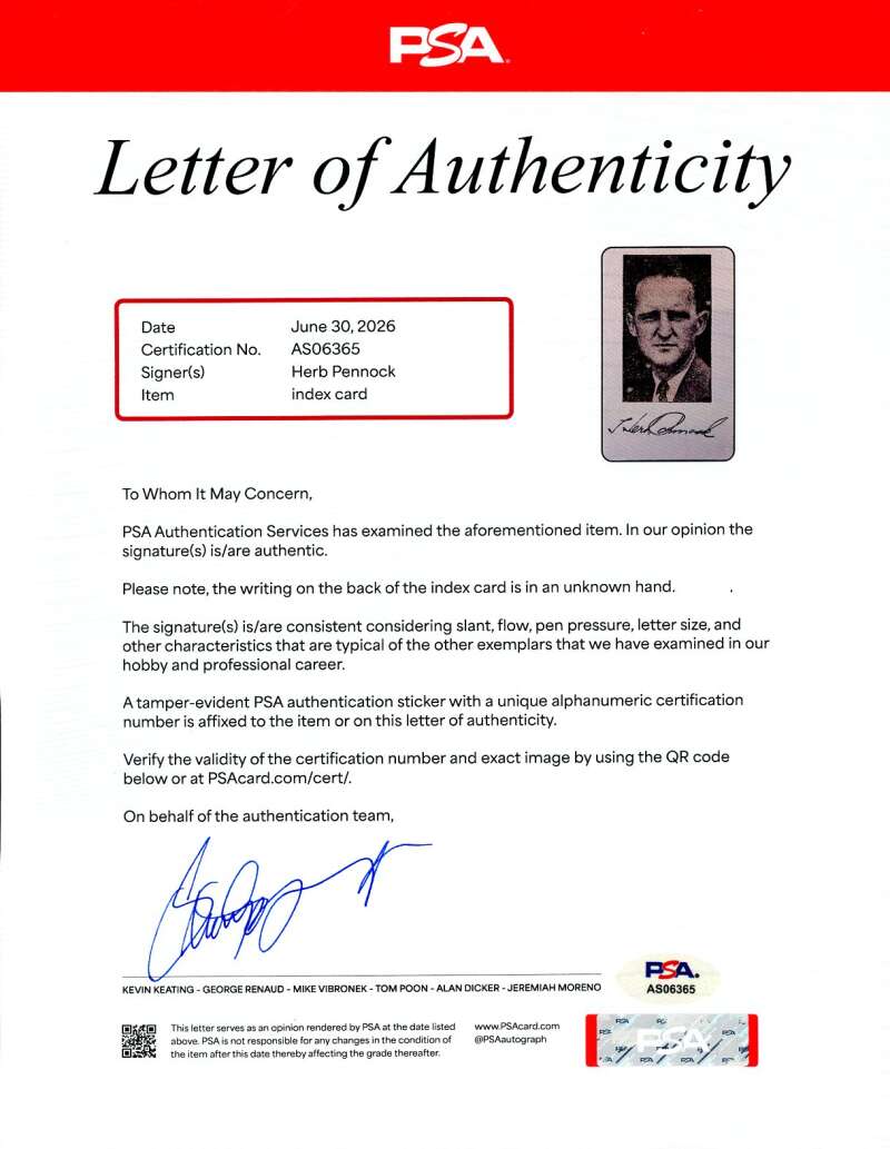 Herb Pennock PSA DNA Loa Signed 3x5 Index Card With Photo  Nice Autograph