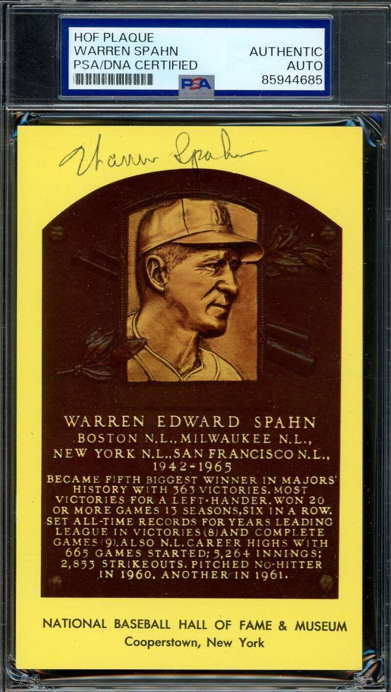 Warren Spahn PSA DNA Signed Gold Hall of Fame Plaque Postcard Autograph