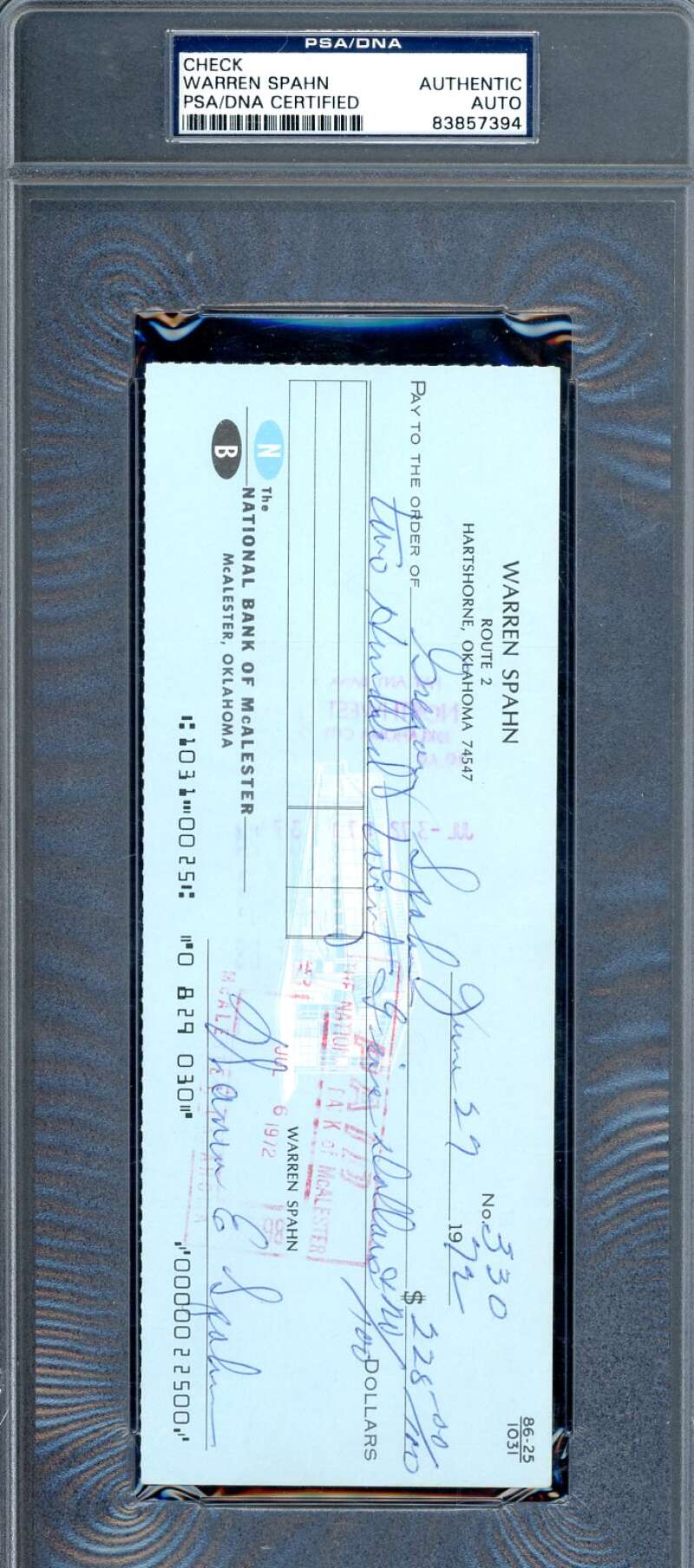 Warren Spahn PSA DNA Signed 1972 Personal Check To Son Autograph