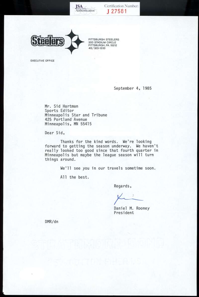 Daniel Dan Rooney JSA Coa Signed 1985 Steelers Letter Autograph