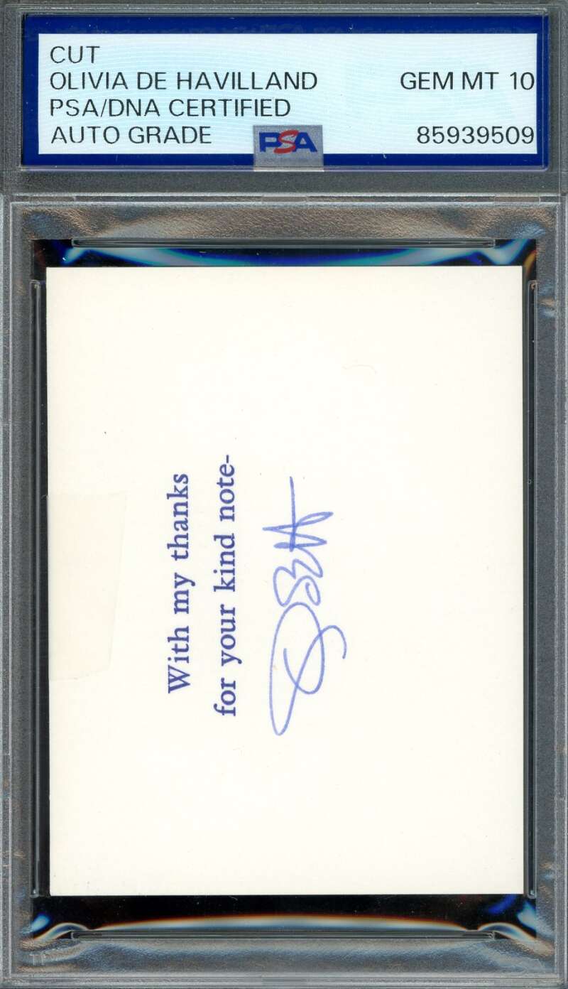 Olivia De Havilland Gem Mint 10 PSA DNA Signed 3x4 Index Card Cut Autograph