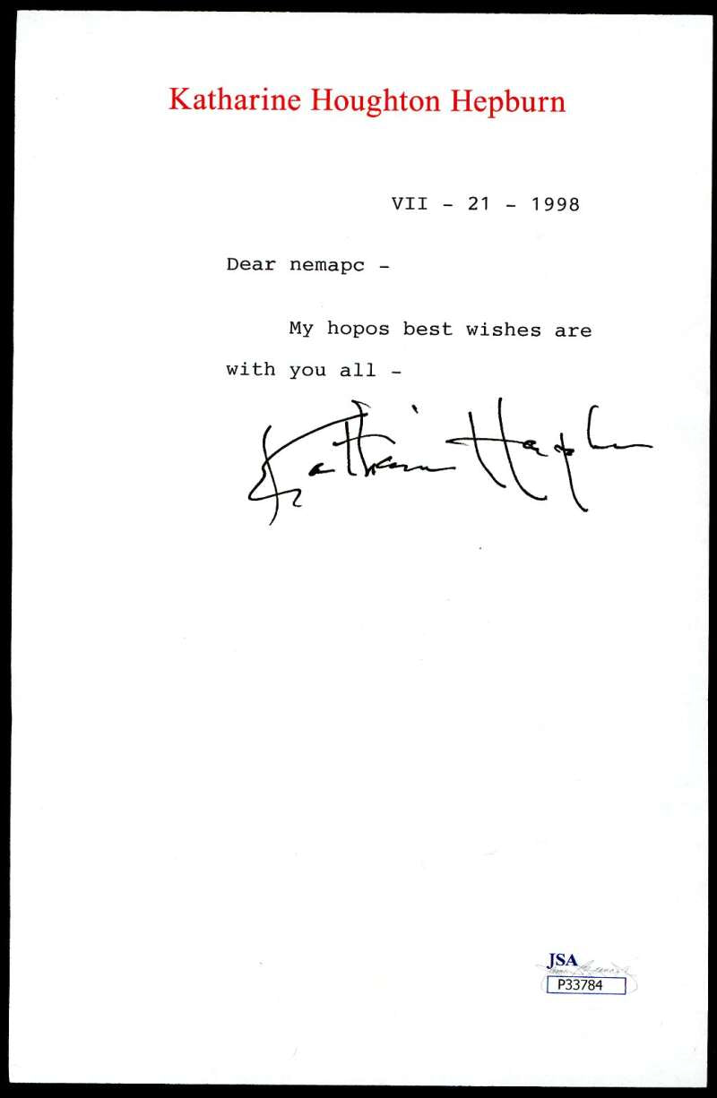 Katharine Hepburn PSA DNA Signed 1998 Letter Autograph