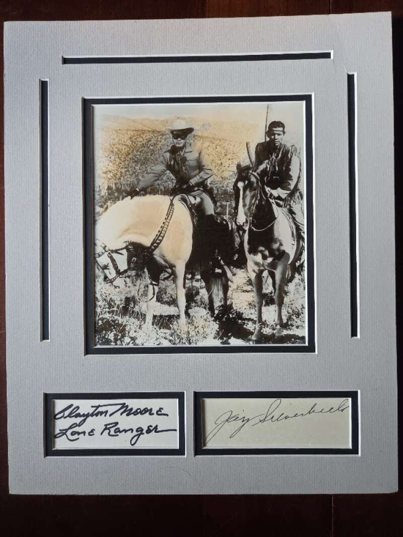 Clayton Moore Jay Silverheels PSA DNA Loa Signed Index Card With Photo Matted to 13x16 Autograph