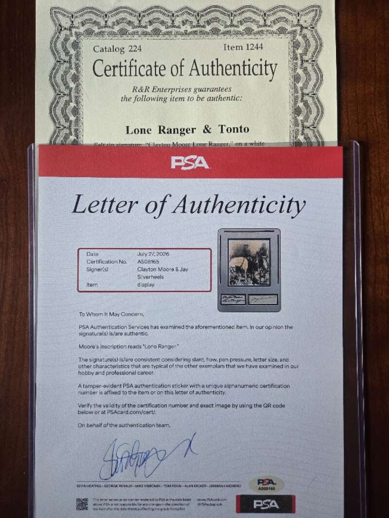 Clayton Moore Jay Silverheels PSA DNA Loa Signed Index Card With Photo Matted to 13x16 Autograph