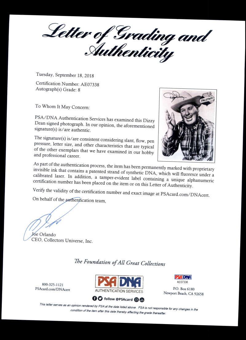 Dizzy Dean PSA DNA Signed 8x10 Photo Autograph