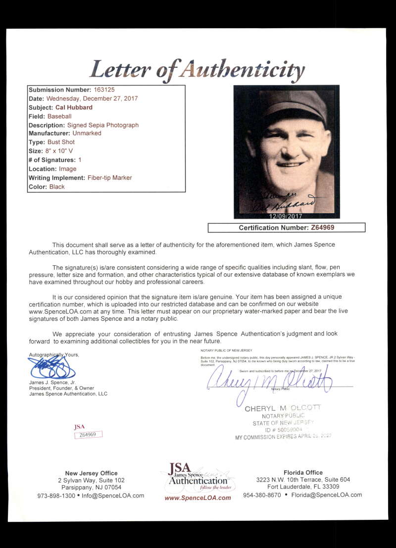 Cal Hubbard JSA Coa Signed 8x10 Photo Autograph