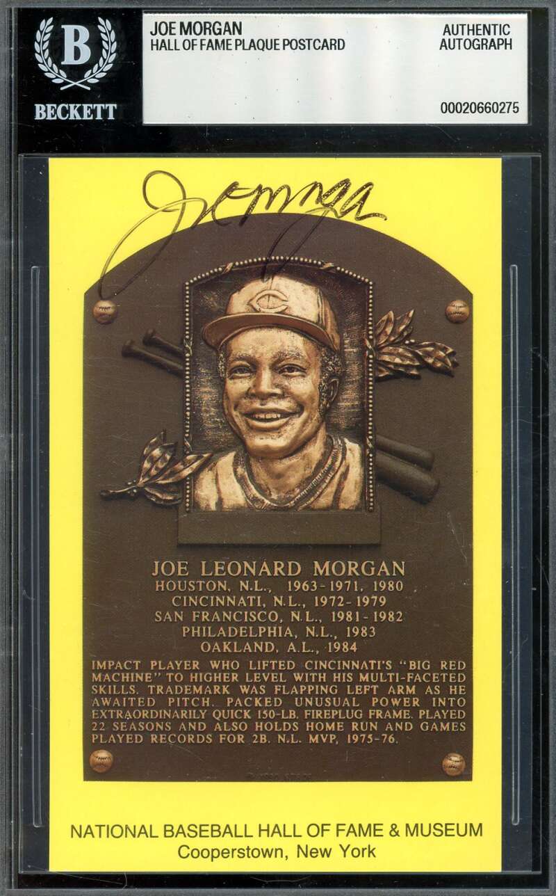 Joe Morgan Beckett BAS Signed Gold Hall of Fame Plaque Postcard Autograph