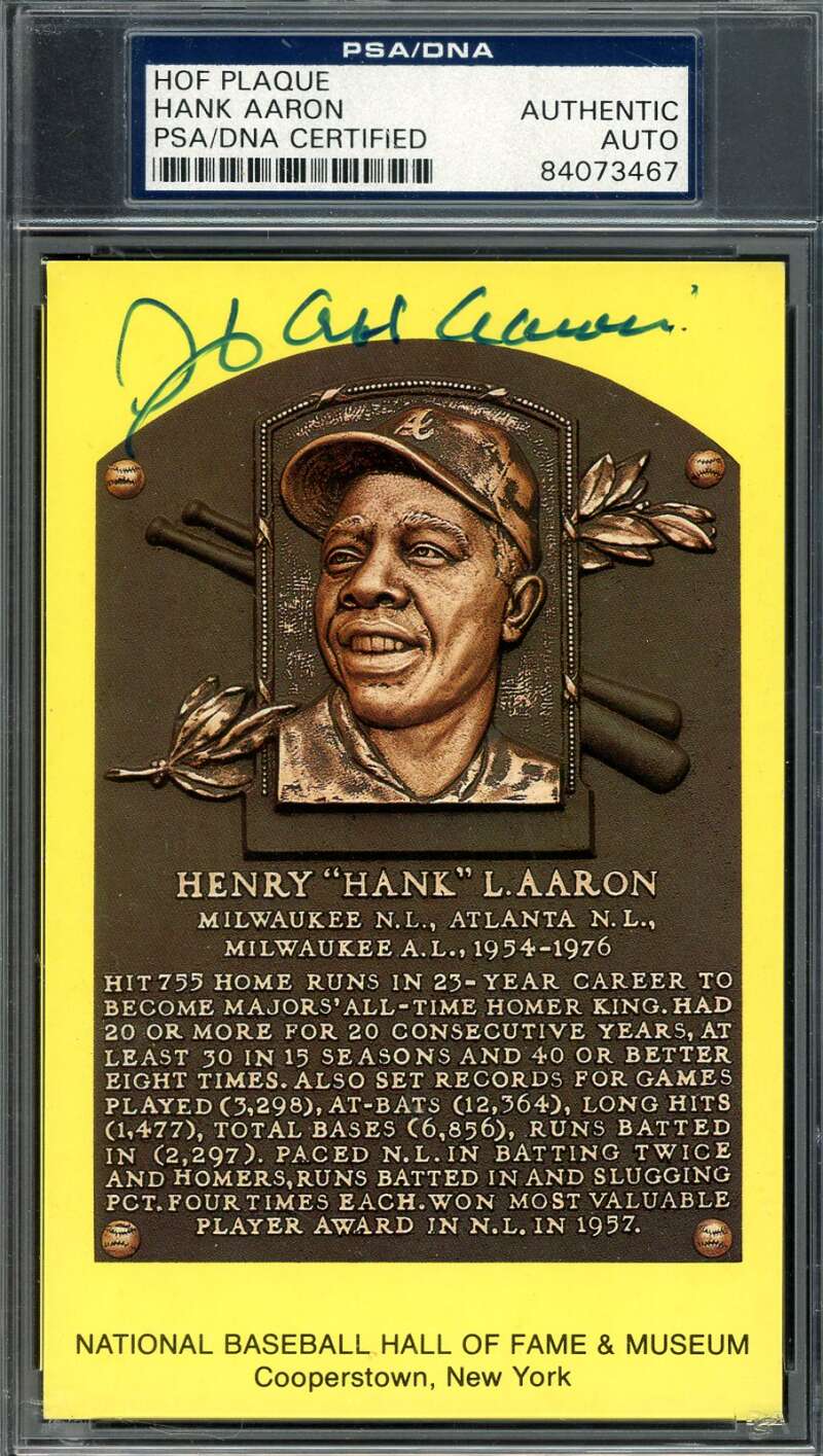 Hank Aaron PSA DNA Signed Gold Hall of Fame Plaque Postcard Autograph