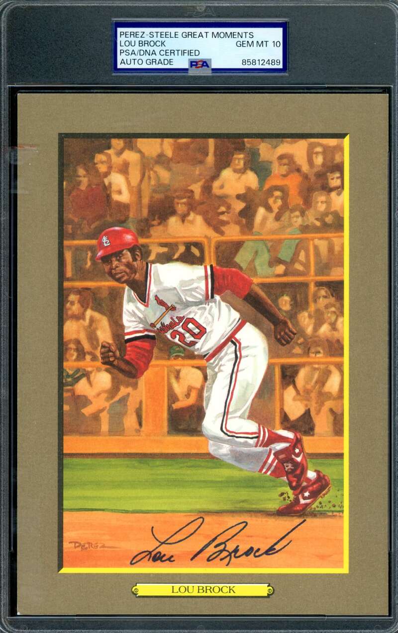 Lou Brock Gem Mint 10 PSA DNA Signed Perez Steele Great Moments Postcard Autograph