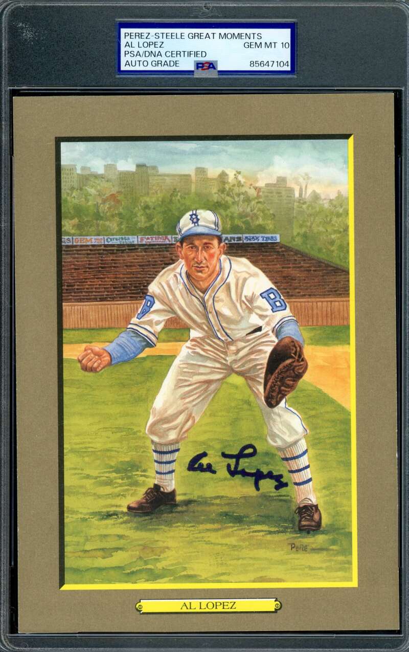 Al Lopez Gem Mint 10 PSA DNA Signed Perez Steele Great Moments Postcard Autograph